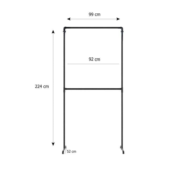 Skizze der Doppelkleiderstange aus Rohren freistehend mit Höhe 224cm Breite 99cm und Tiefe 52cm