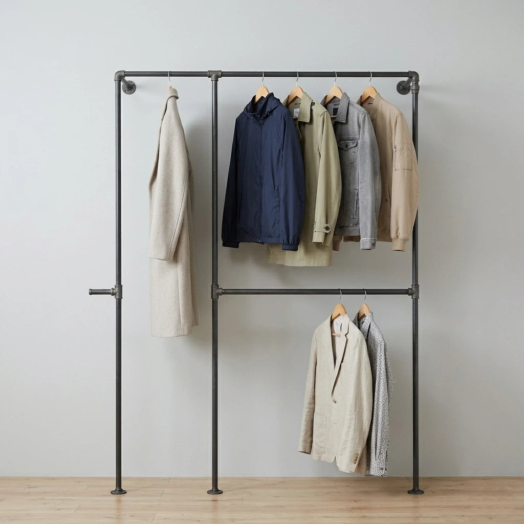 Xaver behangen mit Kleidung an grauer Wand