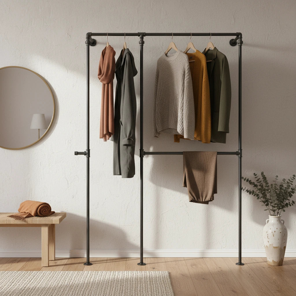 urb.style Xaver im Wohnzimmer/ Schlafzimmer behangen mit Kleidung und Deko im Raum.