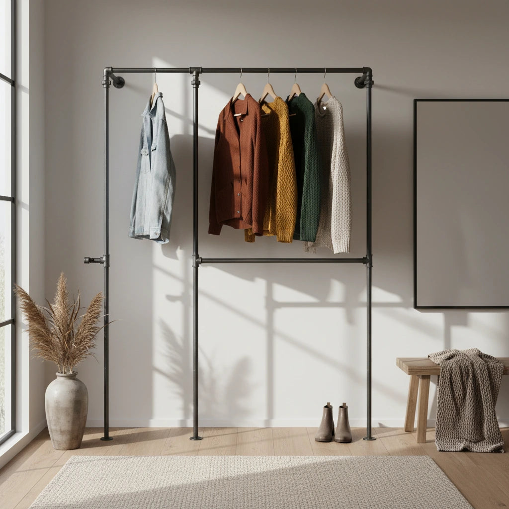 urb.style Xaver im Wohnzimmer/ Schlafzimmer behangen mit Kleidung und Deko im Raum.