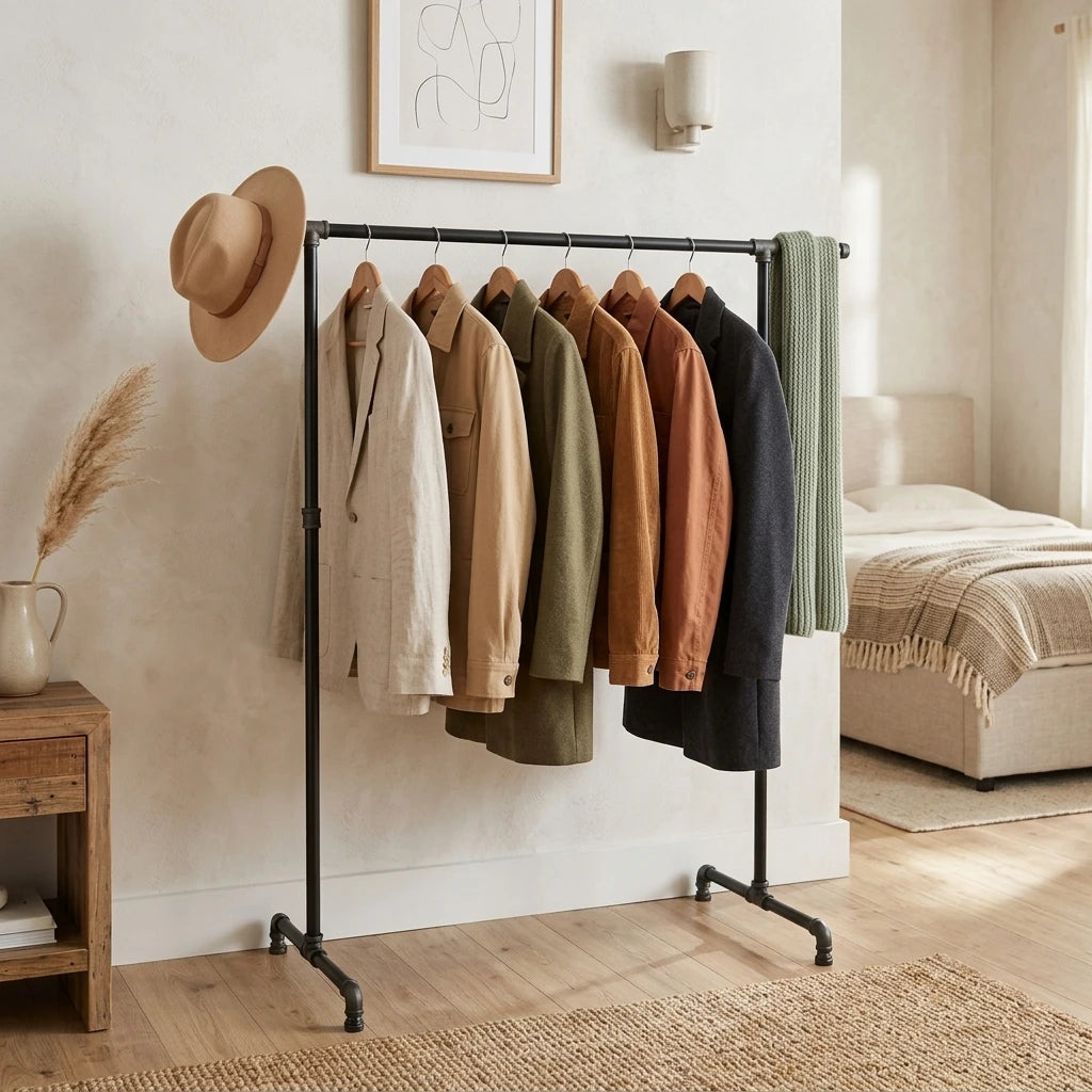 urb.style Zoe freistehender Kleiderständer mit seitlichen Haken. Mit Kleidung an der Stange und Hut und Schal an den Haken, im Schlafzimmer.