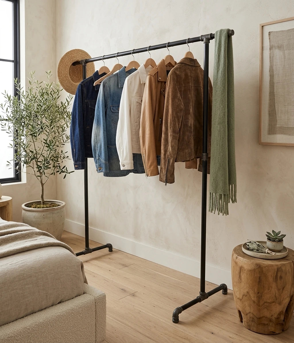 urb.style Zoe freistehender Kleiderständer mit seitlichen Haken. Mit Kleidung an der Stange und Hut und Schal an den Haken, im Schlafzimmer.