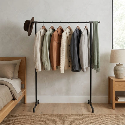 urb.style Zoe freistehender Kleiderständer mit seitlichen Haken. Mit Kleidung an der Stange und Hut und Schal an den Haken, im Schlafzimmer.