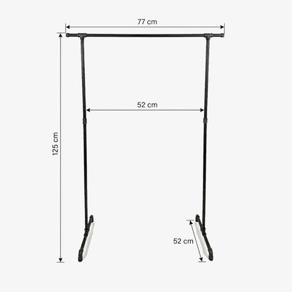 Zoe freistehender Kleiderständer mit seitlichen Haken. Skizze mit Höhe 125cm, Breite 77cm, 52cm zwischen den Stangen und Tiefe 52cm.