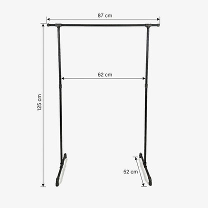 Zoe freistehender Kleiderständer mit seitlichen Haken. Skizze mit Höhe 125cm, Breite 87cm, 62cm zwischen den Stangen und Tiefe 52cm.