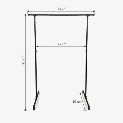 Zoe freistehender Kleiderständer mit seitlichen Haken. Skizze mit Höhe 125cm, Breite 97cm, 72cm zwischen den Stangen und Tiefe 52cm.
