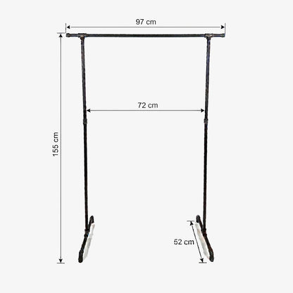 Zoe freistehender Kleiderständer mit seitlichen Haken. Skizze mit Höhe 155cm, Breite 97cm, 72cm zwischen den Stangen und Tiefe 52cm.
