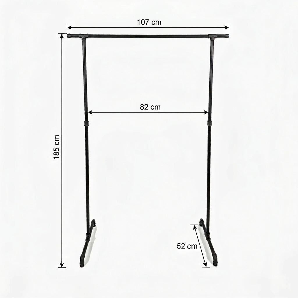 Zoe freistehender Kleiderständer mit seitlichen Haken. Skizze mit Höhe 185cm, Breite 107cm, 82cm zwischen den Stangen und Tiefe 52cm.