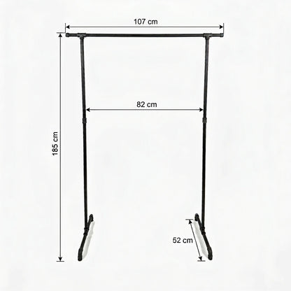 Zoe freistehender Kleiderständer mit seitlichen Haken. Skizze mit Höhe 185cm, Breite 107cm, 82cm zwischen den Stangen und Tiefe 52cm.