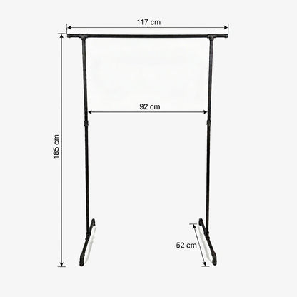 Zoe freistehender Kleiderständer mit seitlichen Haken. Skizze mit Höhe 185cm, Breite 117cm, 92cm zwischen den Stangen und Tiefe 52cm.
