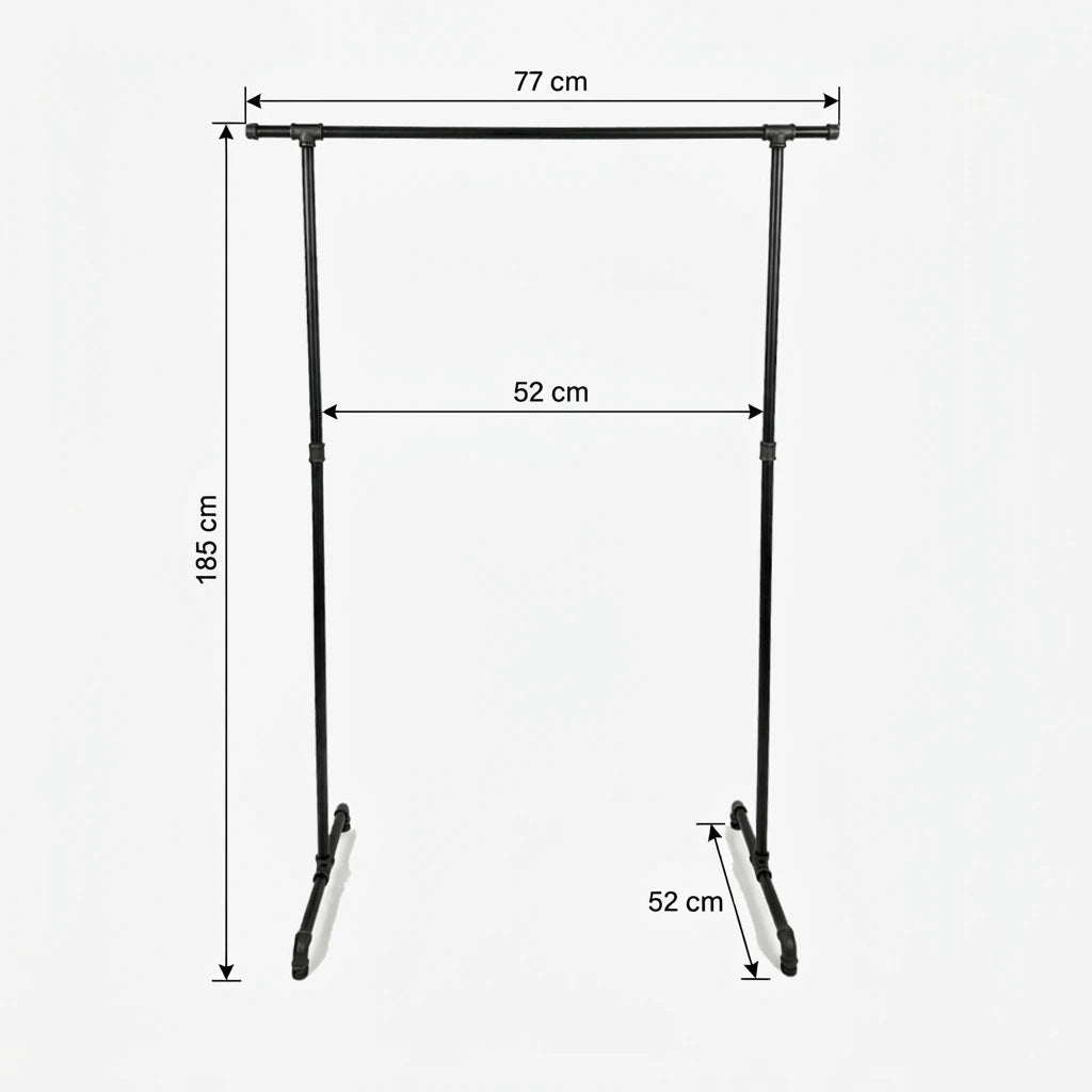Zoe freistehender Kleiderständer mit seitlichen Haken. Skizze mit Höhe 185cm, Breite 77cm, 52cm zwischen den Stangen und Tiefe 52cm.