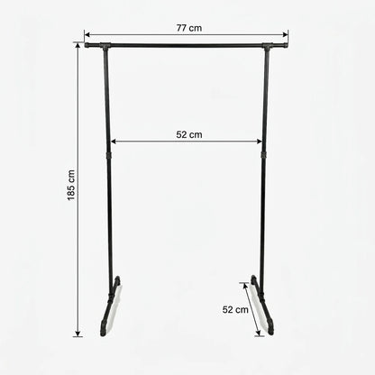 Zoe freistehender Kleiderständer mit seitlichen Haken. Skizze mit Höhe 185cm, Breite 77cm, 52cm zwischen den Stangen und Tiefe 52cm.