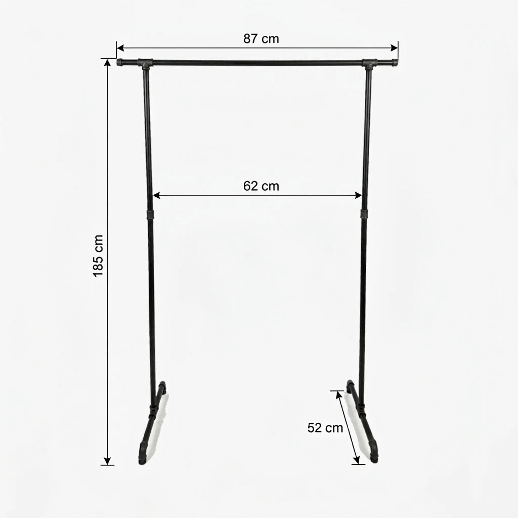 Zoe freistehender Kleiderständer mit seitlichen Haken. Skizze mit Höhe 185cm, Breite 87cm, 62cm zwischen den Stangen und Tiefe 52cm.