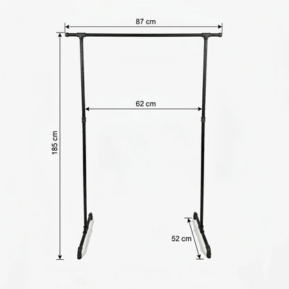 Zoe freistehender Kleiderständer mit seitlichen Haken. Skizze mit Höhe 185cm, Breite 87cm, 62cm zwischen den Stangen und Tiefe 52cm.