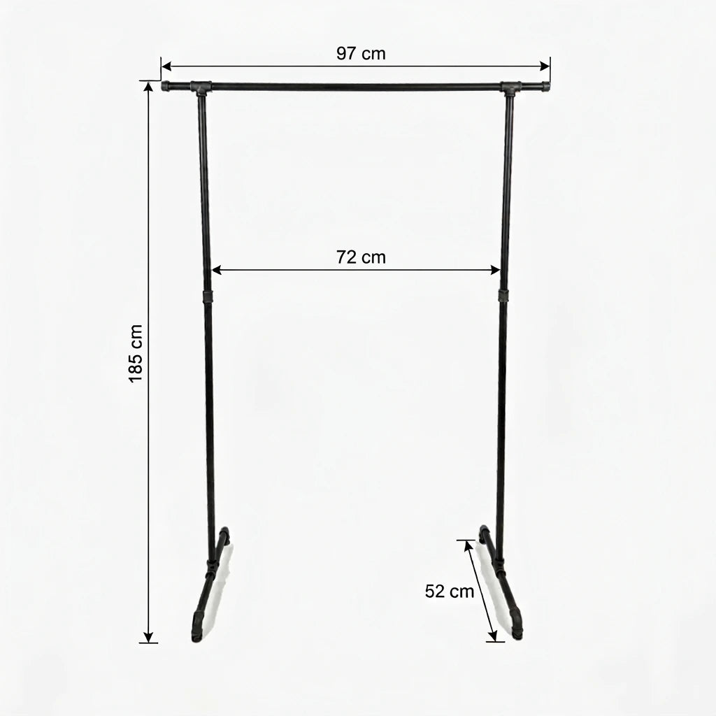 Zoe freistehender Kleiderständer mit seitlichen Haken. Skizze mit Höhe 185cm, Breite 97cm, 72cm zwischen den Stangen und Tiefe 52cm.