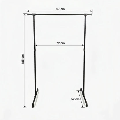 Zoe freistehender Kleiderständer mit seitlichen Haken. Skizze mit Höhe 185cm, Breite 97cm, 72cm zwischen den Stangen und Tiefe 52cm.