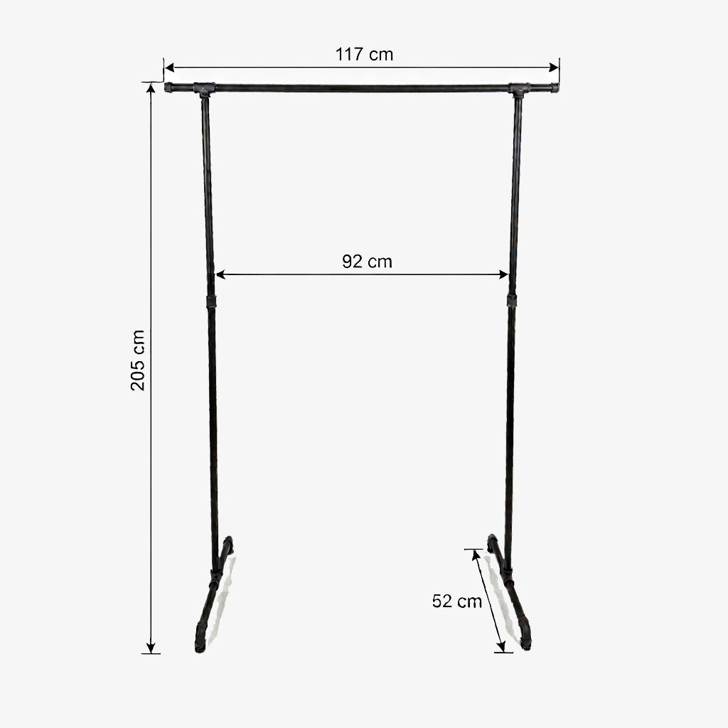 Zoe freistehender Kleiderständer mit seitlichen Haken. Skizze mit Höhe 205cm, Breite 117cm, 92cm zwischen den Stangen und Tiefe 52cm.