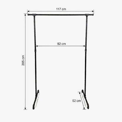 Zoe freistehender Kleiderständer mit seitlichen Haken. Skizze mit Höhe 205cm, Breite 117cm, 92cm zwischen den Stangen und Tiefe 52cm.
