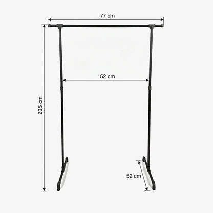 Zoe freistehender Kleiderständer mit seitlichen Haken. Skizze mit Höhe 205cm, Breite 77cm, 52cm zwischen den Stangen und Tiefe 52cm.