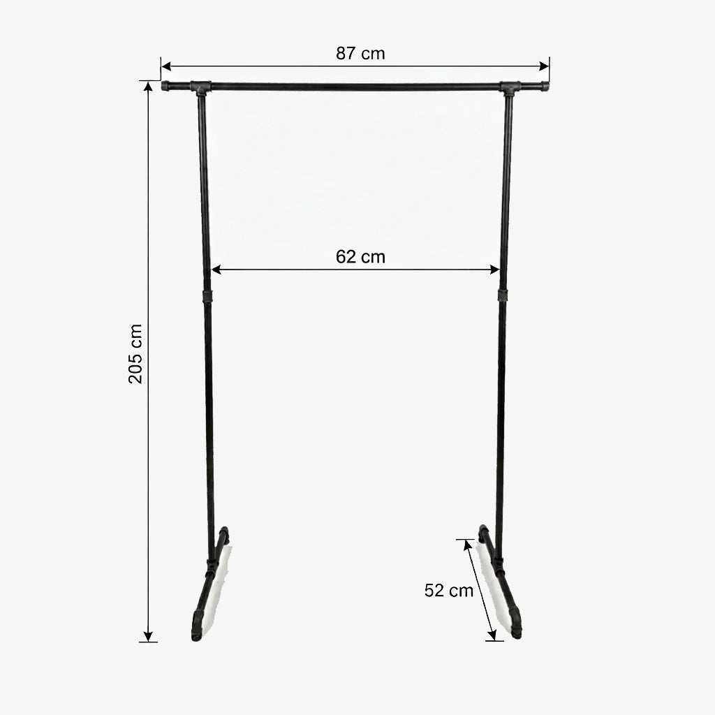 Zoe freistehender Kleiderständer mit seitlichen Haken. Skizze mit Höhe 205cm, Breite 87cm, 62cm zwischen den Stangen und Tiefe 52cm.