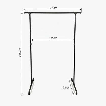 Zoe freistehender Kleiderständer mit seitlichen Haken. Skizze mit Höhe 205cm, Breite 87cm, 62cm zwischen den Stangen und Tiefe 52cm.