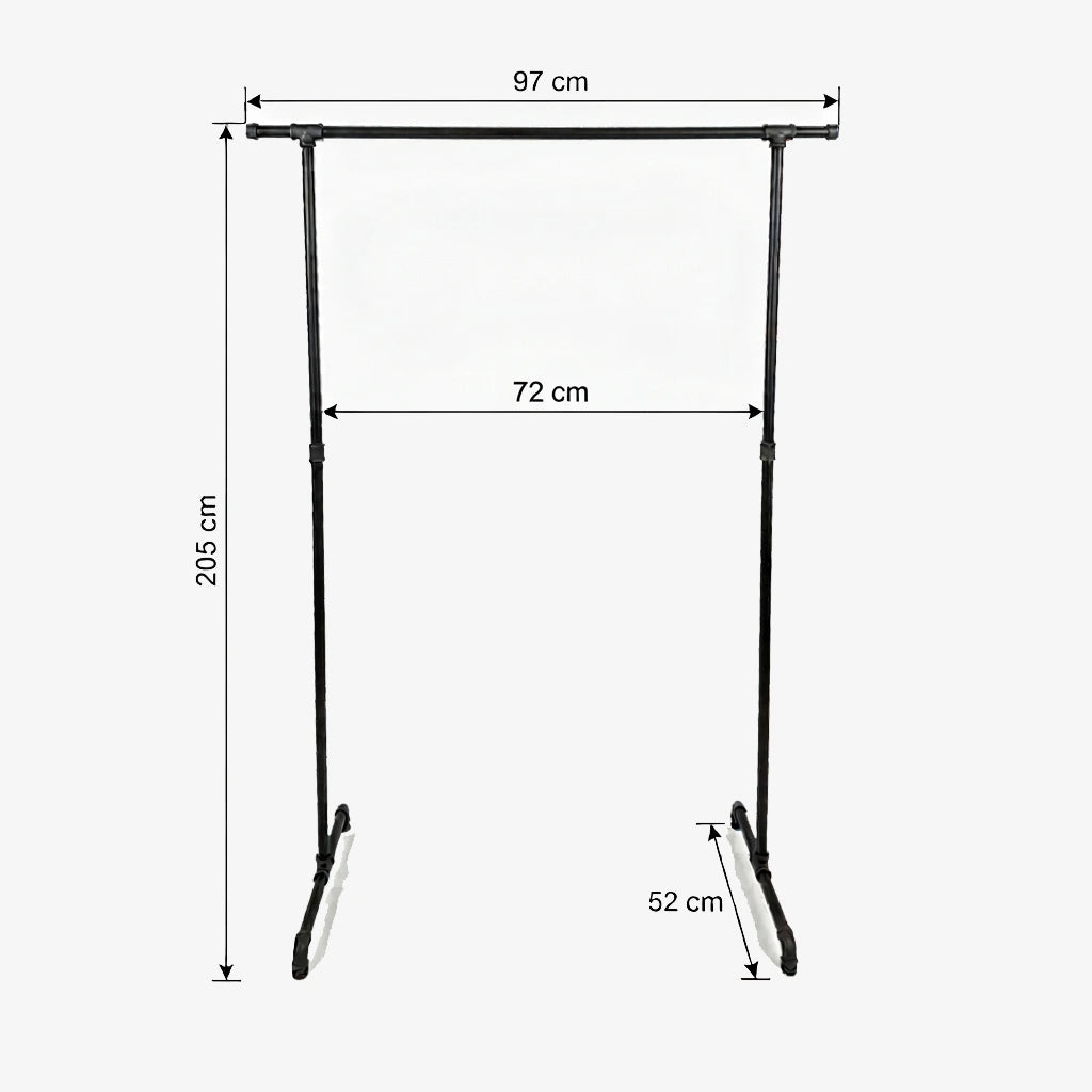 Zoe freistehender Kleiderständer mit seitlichen Haken. Skizze mit Höhe 205cm, Breite 97cm, 72cm zwischen den Stangen und Tiefe 52cm.