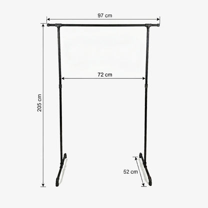 Zoe freistehender Kleiderständer mit seitlichen Haken. Skizze mit Höhe 205cm, Breite 97cm, 72cm zwischen den Stangen und Tiefe 52cm.