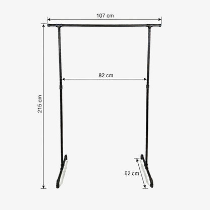 Zoe freistehender Kleiderständer mit seitlichen Haken. Skizze mit Höhe 215cm, Breite 107cm, 82cm zwischen den Stangen und Tiefe 52cm.