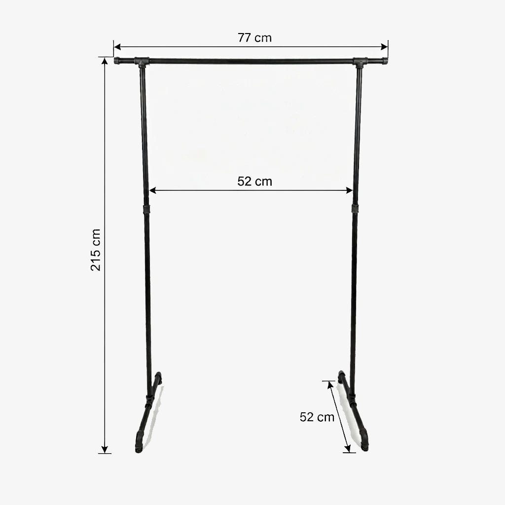 Zoe freistehender Kleiderständer mit seitlichen Haken. Skizze mit Höhe 215cm, Breite 77cm, 52cm zwischen den Stangen und Tiefe 52cm.