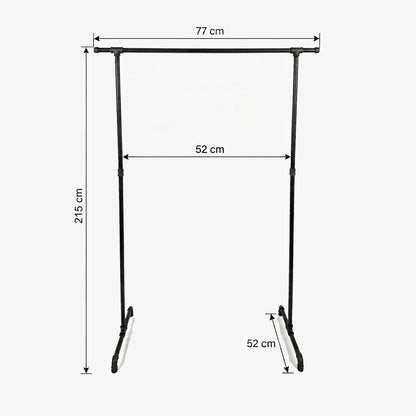 Zoe freistehender Kleiderständer mit seitlichen Haken. Skizze mit Höhe 215cm, Breite 77cm, 52cm zwischen den Stangen und Tiefe 52cm.