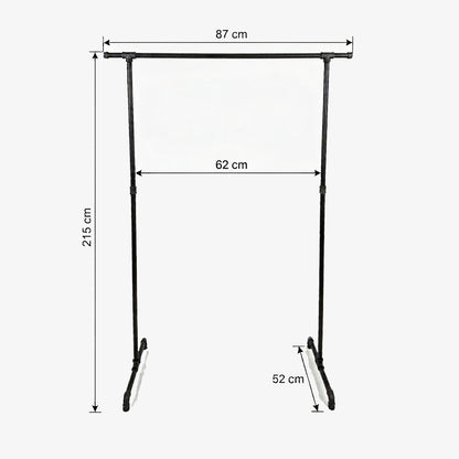 Zoe freistehender Kleiderständer mit seitlichen Haken. Skizze mit Höhe 215cm, Breite 87cm, 62cm zwischen den Stangen und Tiefe 52cm.
