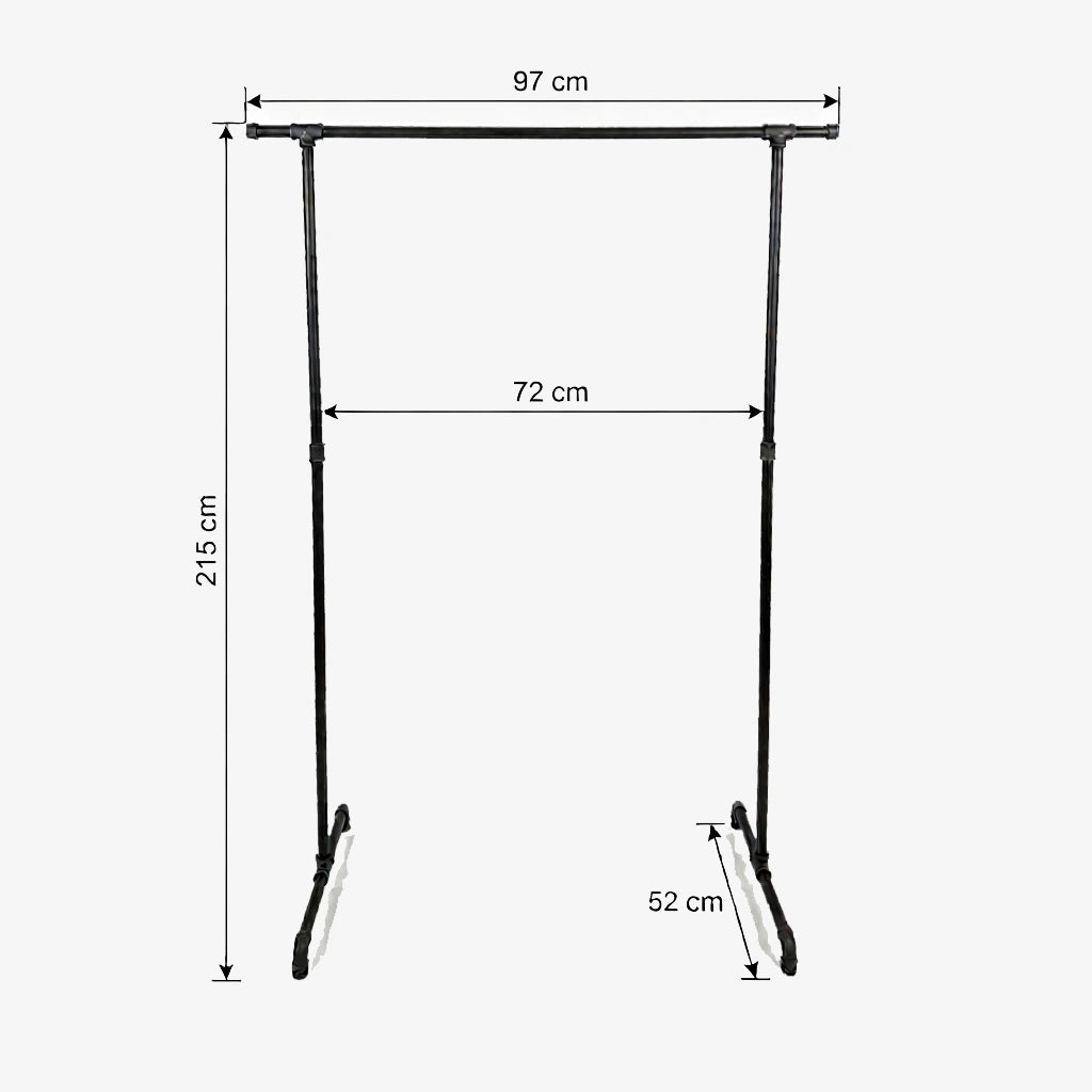 Zoe freistehender Kleiderständer mit seitlichen Haken. Skizze mit Höhe 215cm, Breite 97cm, 72cm zwischen den Stangen und Tiefe 52cm.