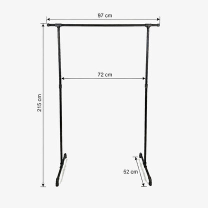 Zoe freistehender Kleiderständer mit seitlichen Haken. Skizze mit Höhe 215cm, Breite 97cm, 72cm zwischen den Stangen und Tiefe 52cm.