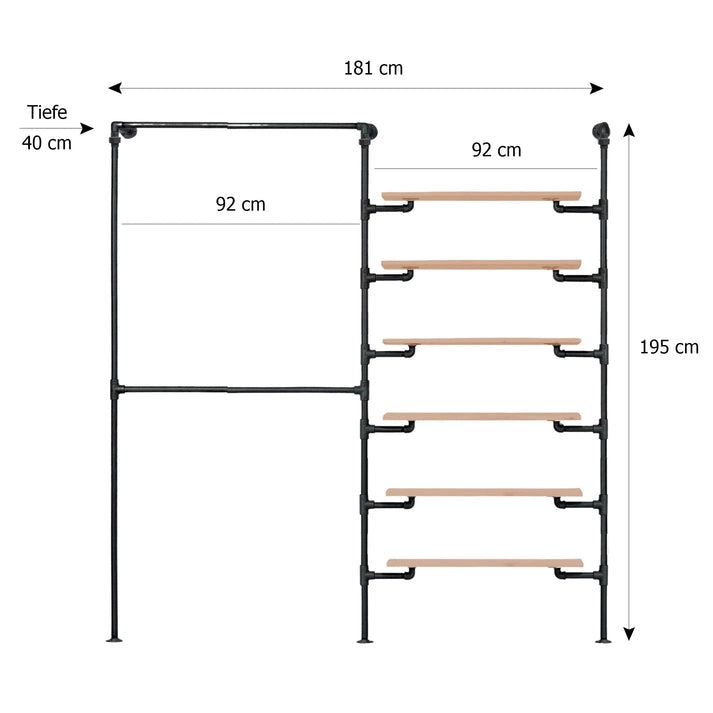 Skizze urb.style Layla wandmontierte Kleiderstange mit zwei Feldern mit Höhe 195cm und Breite 181 cm