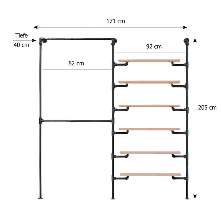 Skizze urb.style Layla wandmontierte Kleiderstange mit zwei Feldern mit Höhe 205cm und Breite 171 cm