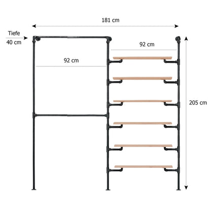 Skizze urb.style Layla wandmontierte Kleiderstange mit zwei Feldern mit Höhe 205cm und Breite 181 cm