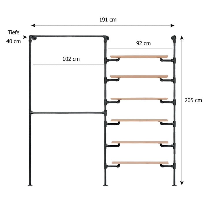 Skizze urb.style Layla wandmontierte Kleiderstange mit zwei Feldern mit Höhe 205cm und Breite 191 cm