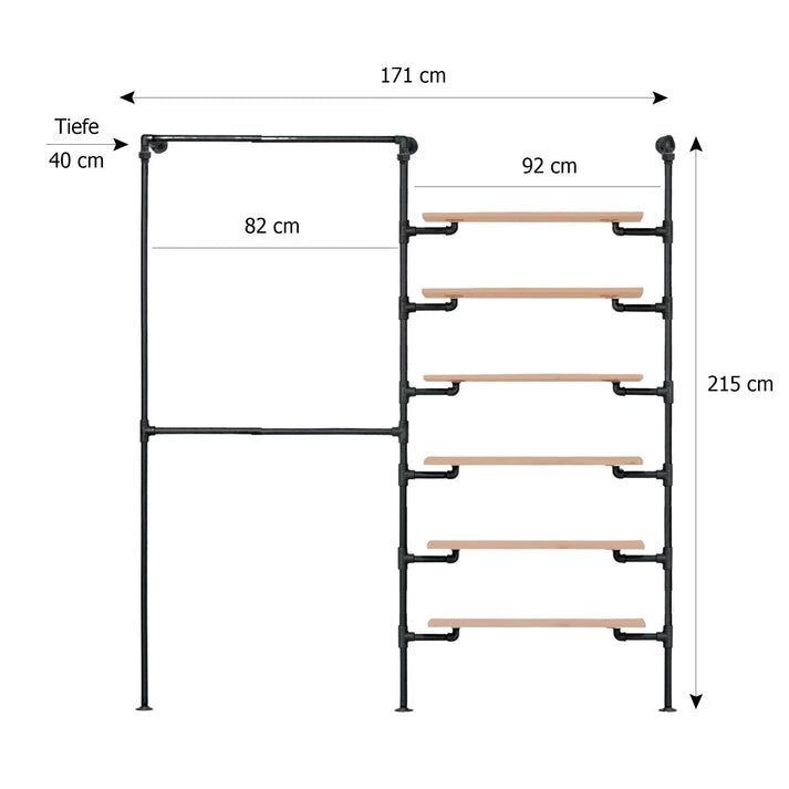Skizze urb.style Layla wandmontierte Kleiderstange mit zwei Feldern mit Höhe 215cm und Breite 171 cm
