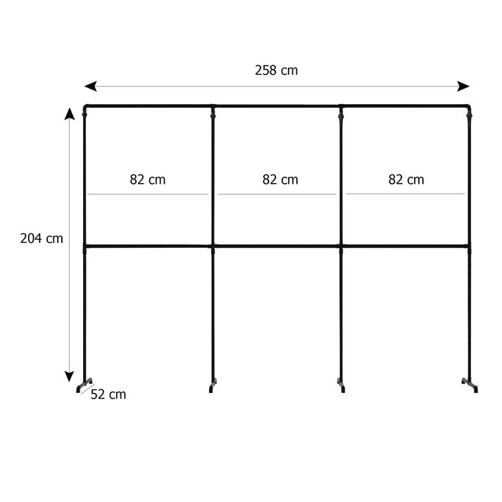 Skizze urb.style Max freihstehende Kleiderstange mit drei Feldern mit Höhe 204 cm und Breite 258 cm