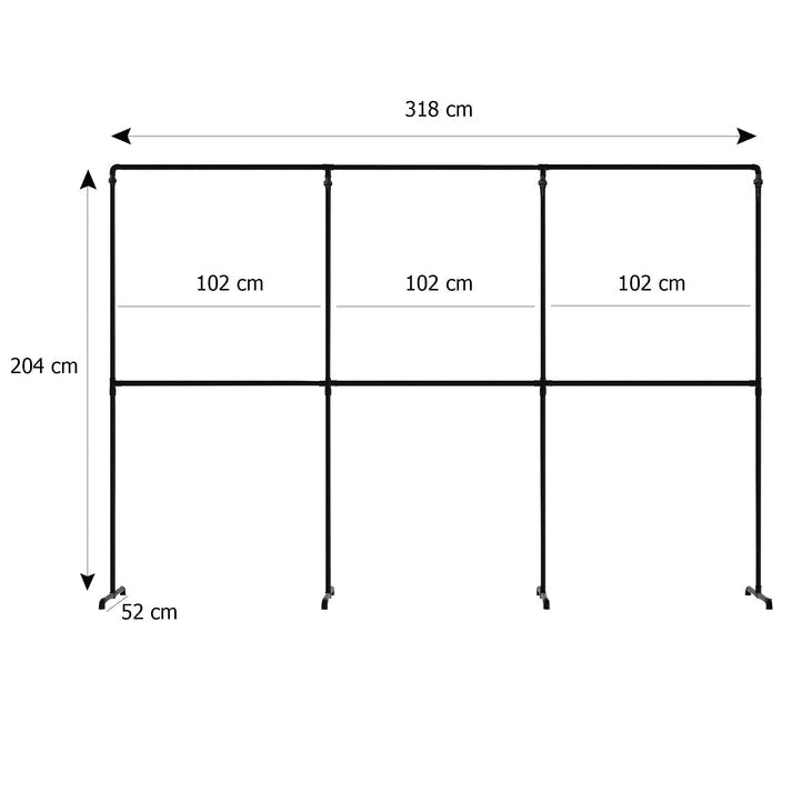 Skizze urb.style Max freihstehende Kleiderstange mit drei Feldern mit Höhe 204 cm und Breite 318 cm