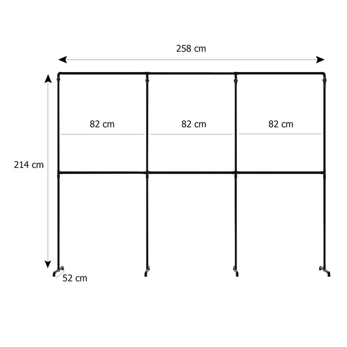 Skizze urb.style Max freihstehende Kleiderstange mit drei Feldern mit Höhe 214 cm und Breite 258 cm