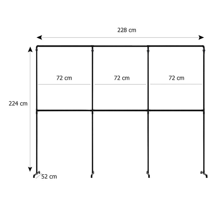 Skizze urb.style Max freihstehende Kleiderstange mit drei Feldern mit Höhe 224 cm und Breite 228 cm