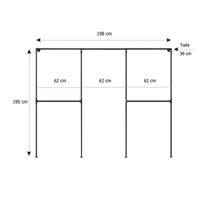 Skizze urb.style Sven wandmontierter Kleiderständer Rohrregal in 198 cm Breite und 195 cm Höhe