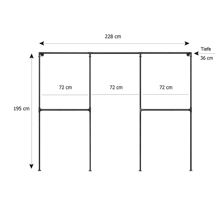 Skizze urb.style Sven wandmontierter Kleiderständer Rohrregal in 228 cm Breite und 195 cm Höhe