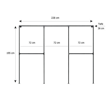 Skizze urb.style Sven wandmontierter Kleiderständer Rohrregal in 228 cm Breite und 195 cm Höhe