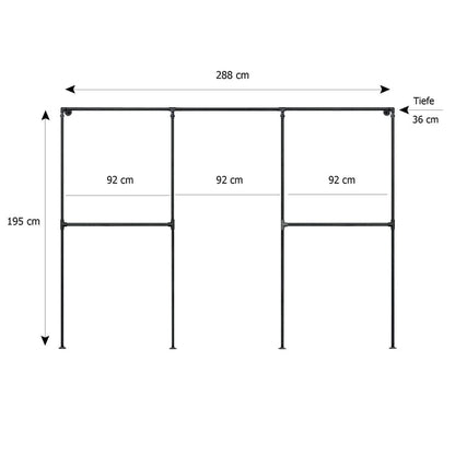 Skizze urb.style Sven wandmontierter Kleiderständer Rohrregal in 288 cm Breite und 195 cm Höhe