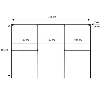 Skizze urb.style Sven wandmontierter Kleiderständer Rohrregal in 318 cm Breite und 195 cm Höhe