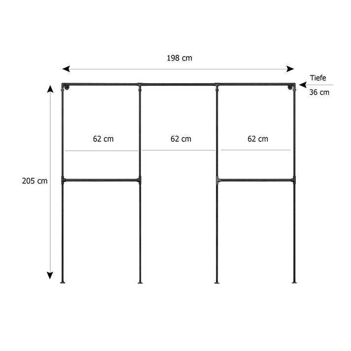 Skizze urb.style Sven wandmontierter Kleiderständer Rohrregal in 198 cm Breite und 205 cm Höhe