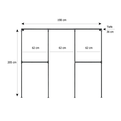 Skizze urb.style Sven wandmontierter Kleiderständer Rohrregal in 198 cm Breite und 205 cm Höhe