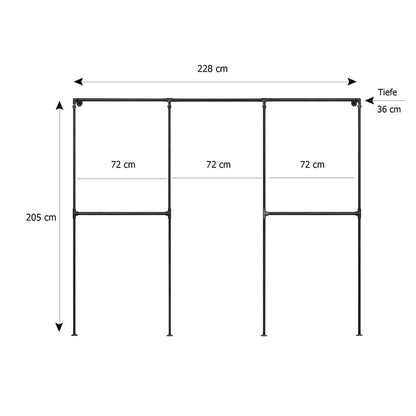 Skizze urb.style Sven wandmontierter Kleiderständer Rohrregal in 228 cm Breite und 205 cm Höhe